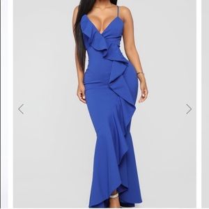 Long blue ruffle maxi dress